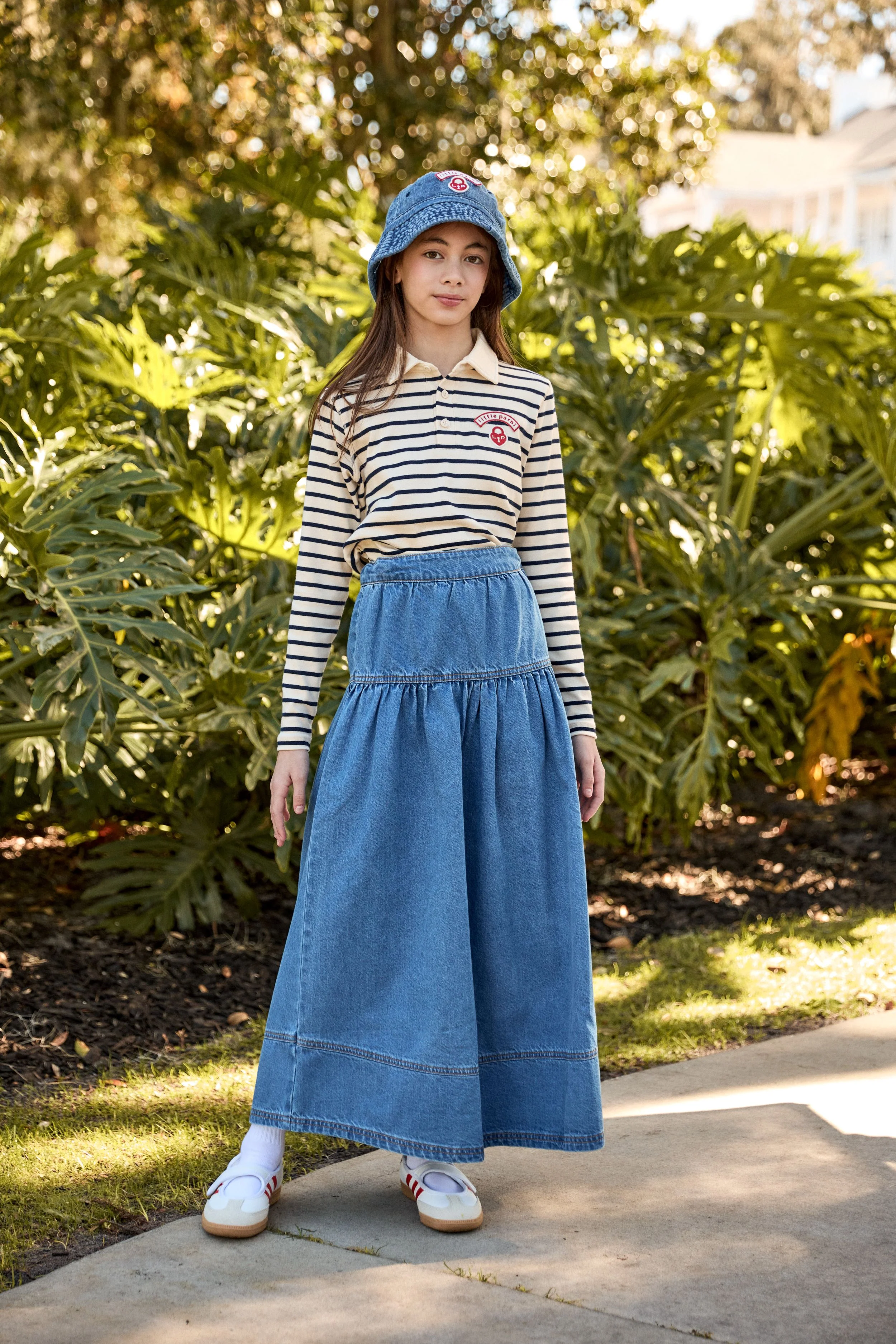 LITTLE PARNI BLUE DENIM DROP WAIST MIDI SKIRT - Image 2