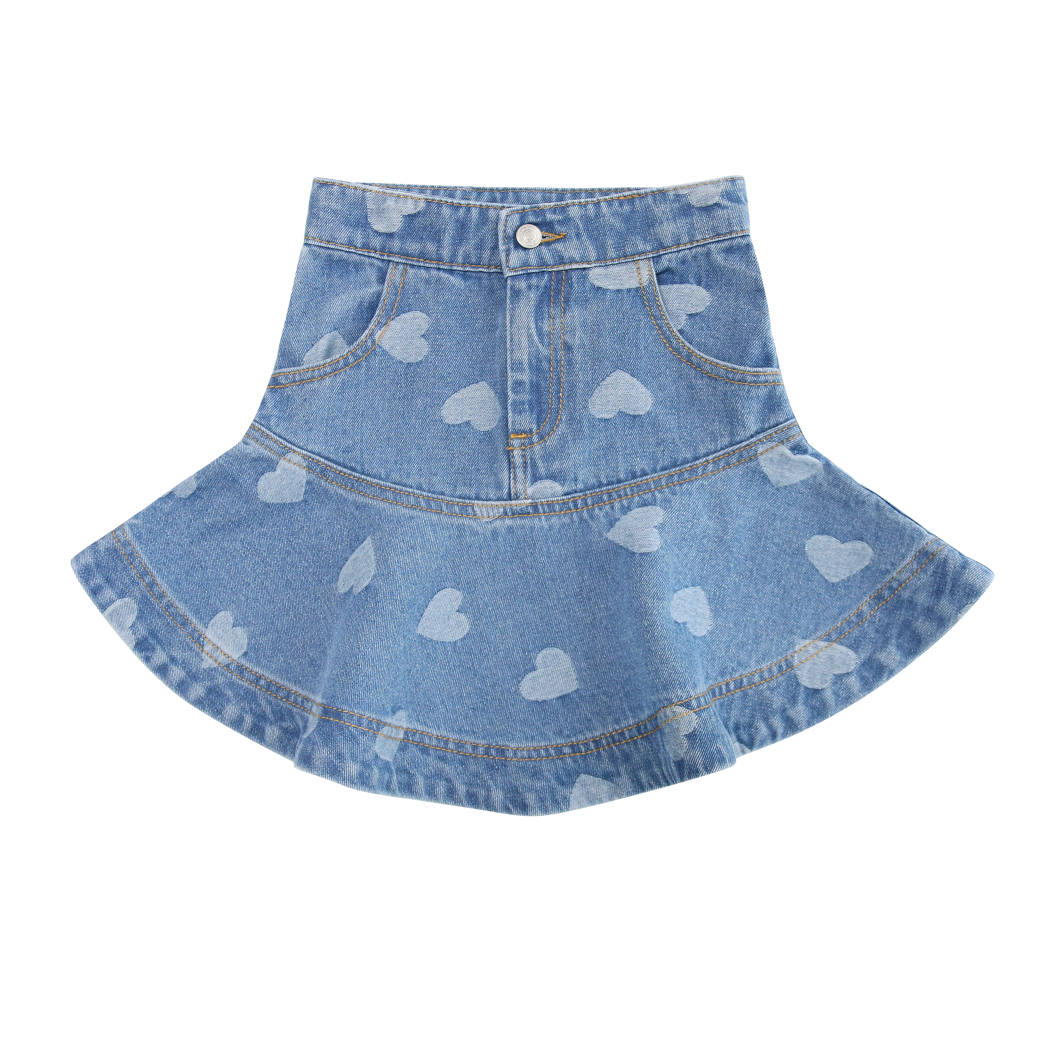 LITTLE PARNI DENIM HEART PRINT DROP WAIST SKIRT
