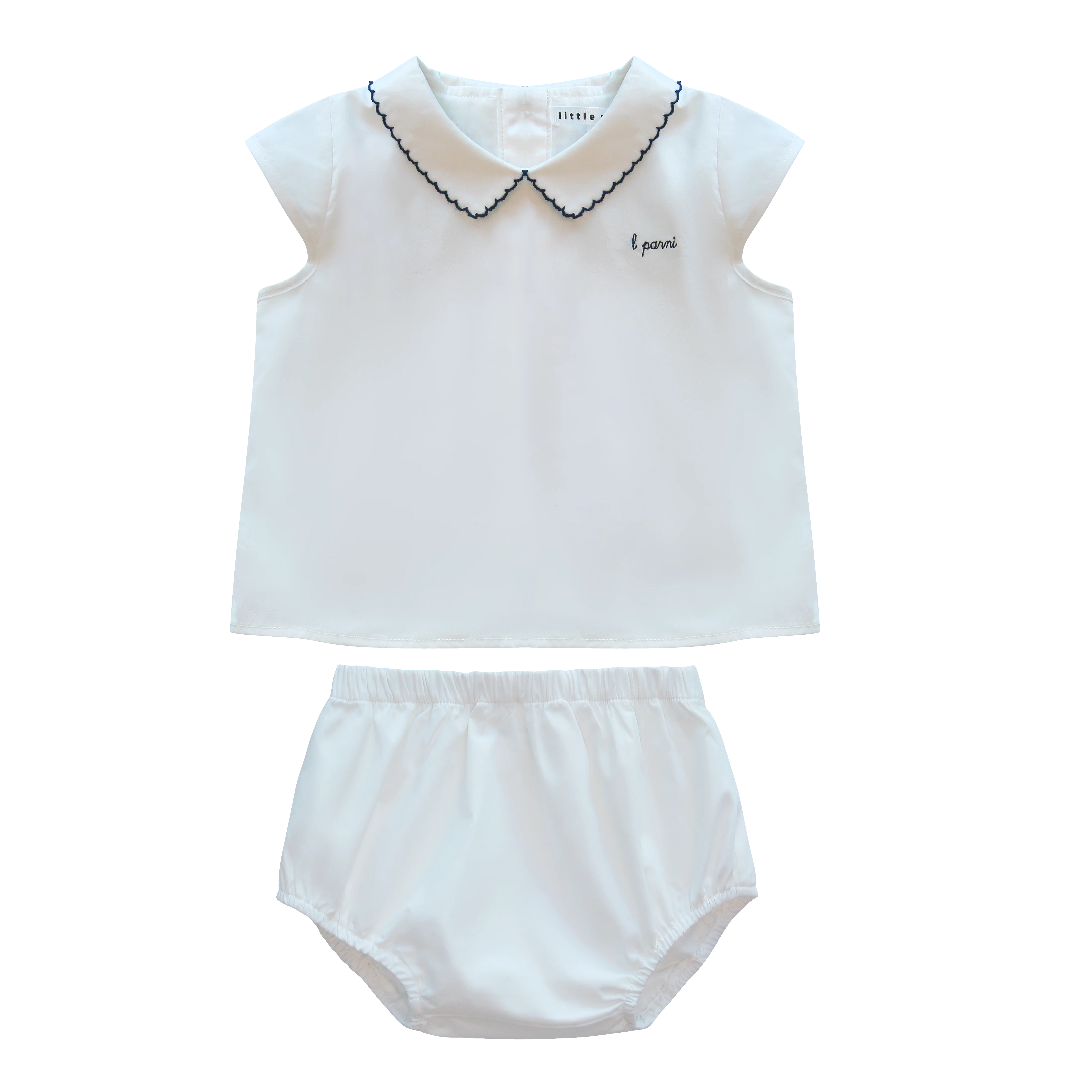 LITTLE PARNI WHITE/NAVY SCALLOP STITCH BLOOMER SET