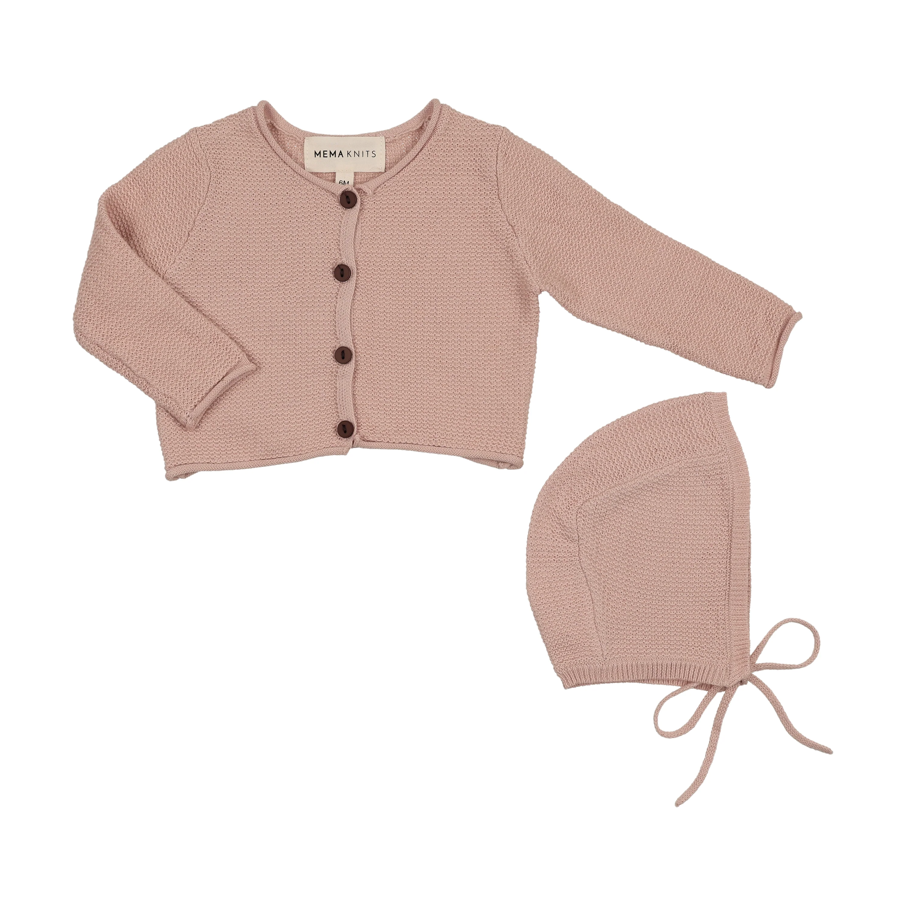 MEMA KNITS PALE PINK CROP KNIT CARDIGAN + BONNET [FINAL SALE]