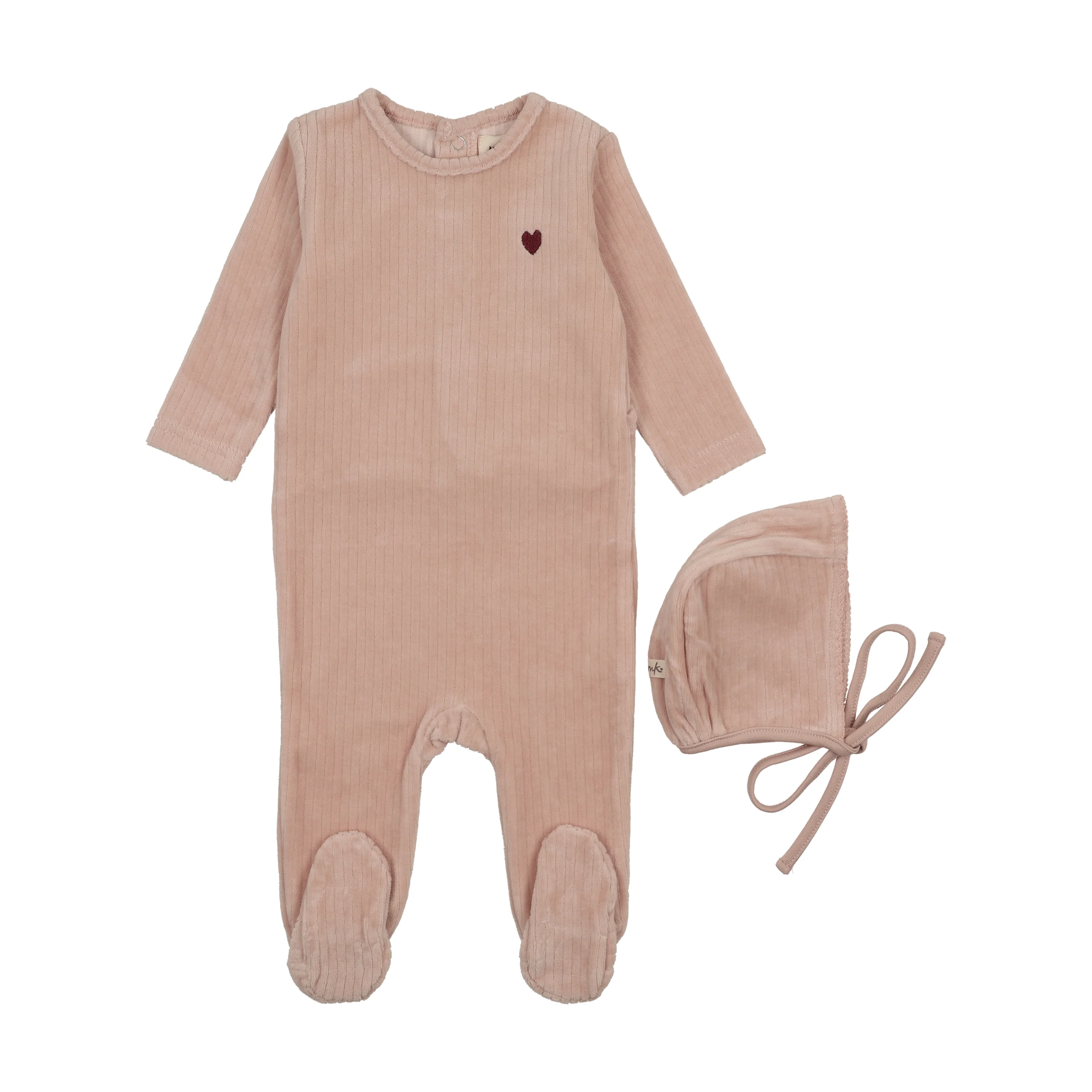 MEMA KNITS PINK VELOUR HEART EMBROIDERED FOOTIE + BONNET [FINAL SALE]