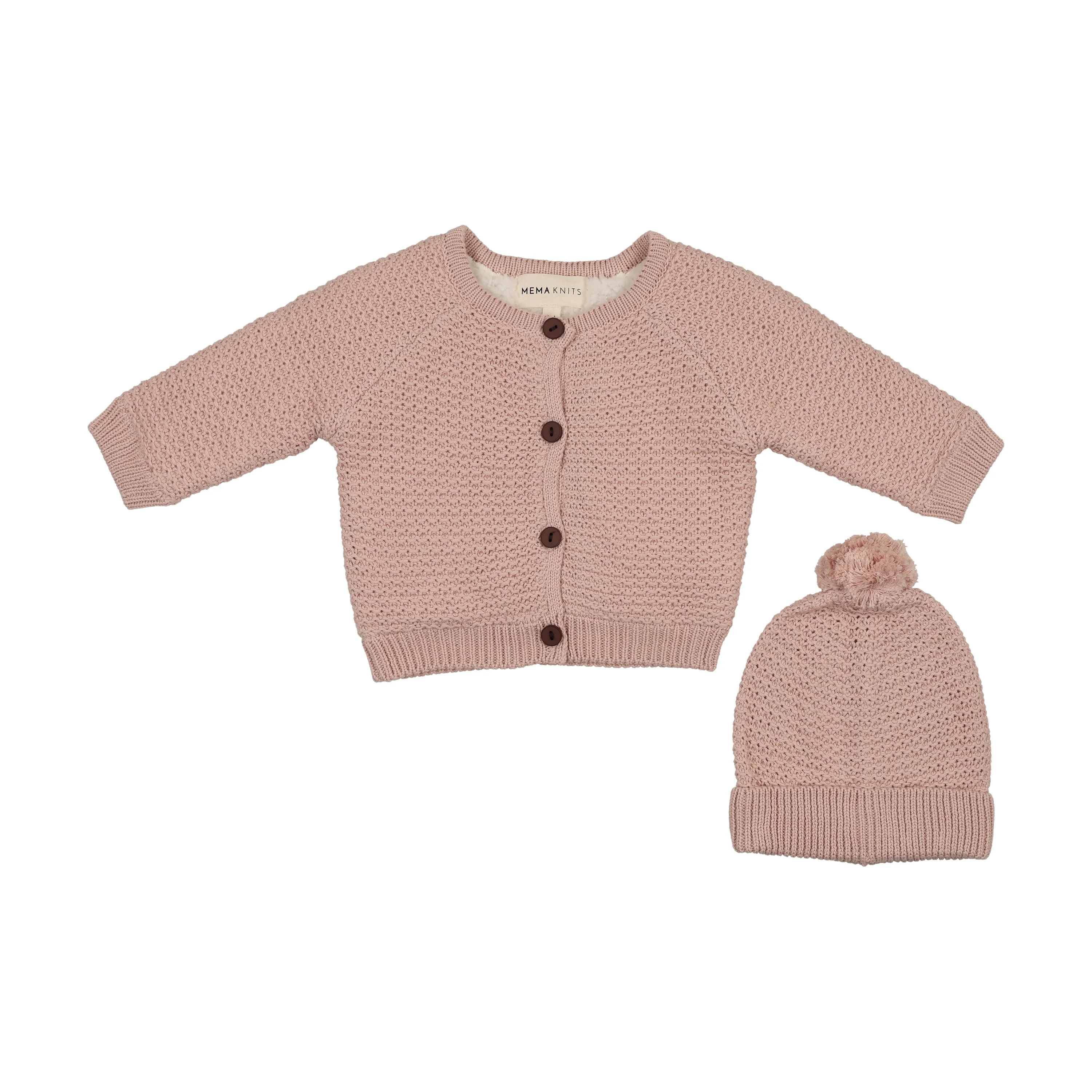 MEMA KNITS PALE PINK KNIT JACKET + POMPOM BEANIE [FINAL SALE]