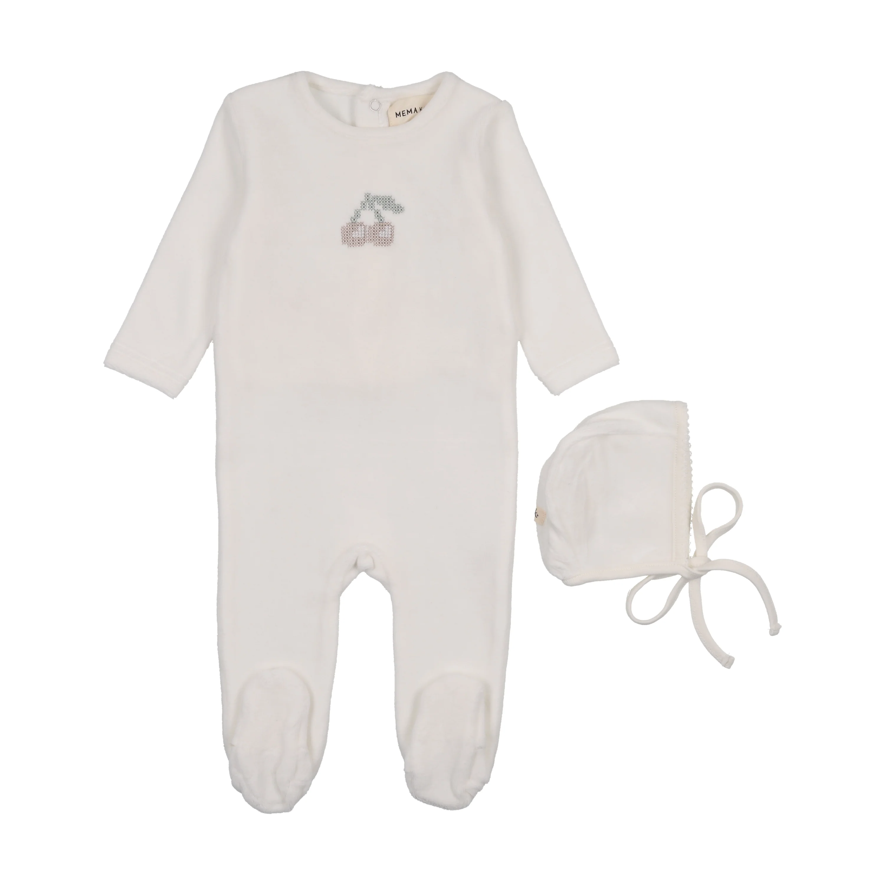 MEMA KNITS IVORY/TAUPE VELOUR CHERRY EMBROIDERED FOOTIE + BONNET [FINAL SALE]