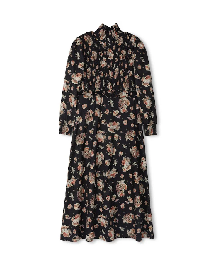 MINIMAL BLACK FLORAL PRINT SMOCKED DRESS [FINAL SALE]