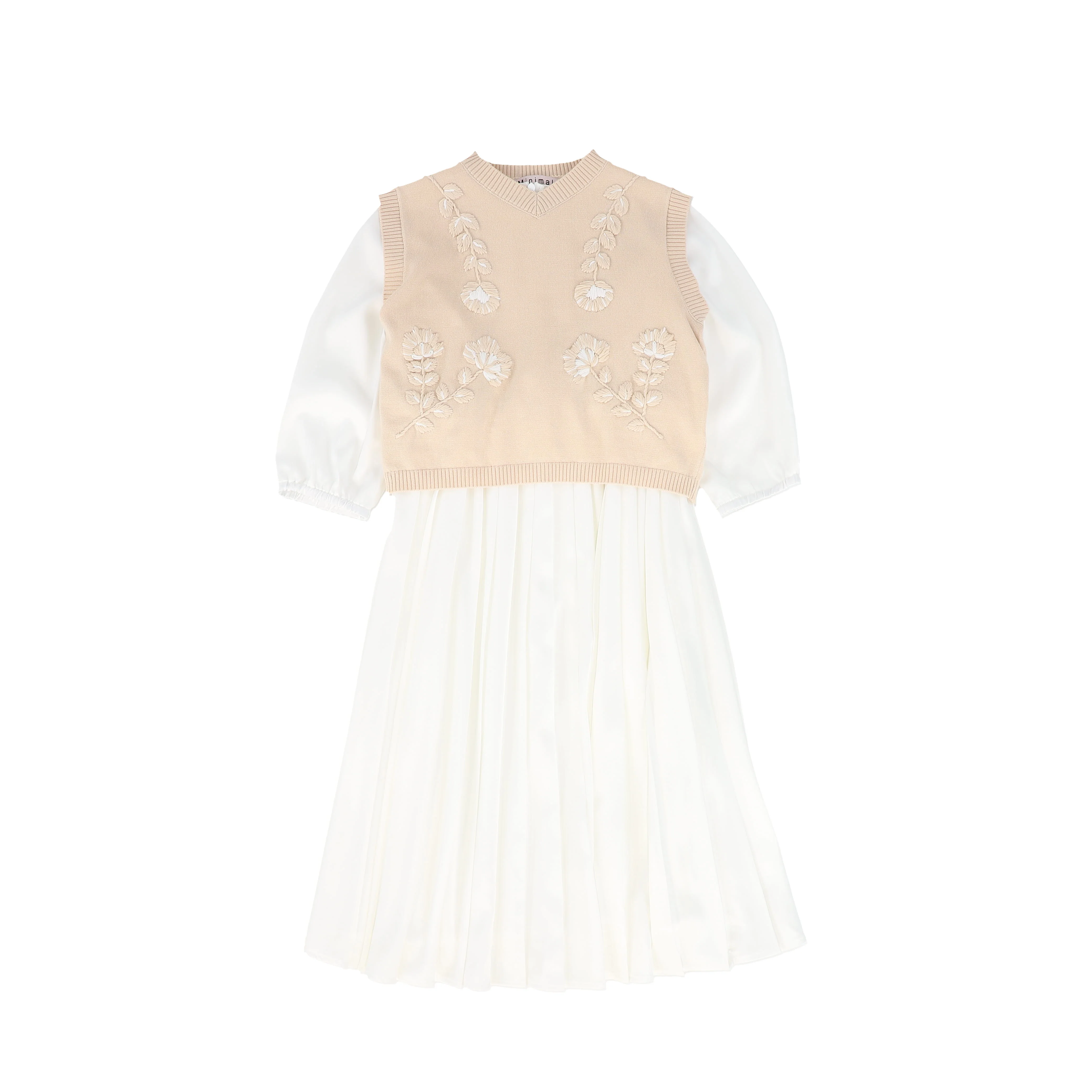 MINIMAL TAN EMBROIDERED VEST WITH PLEATED DRESS [FINAL SALE]