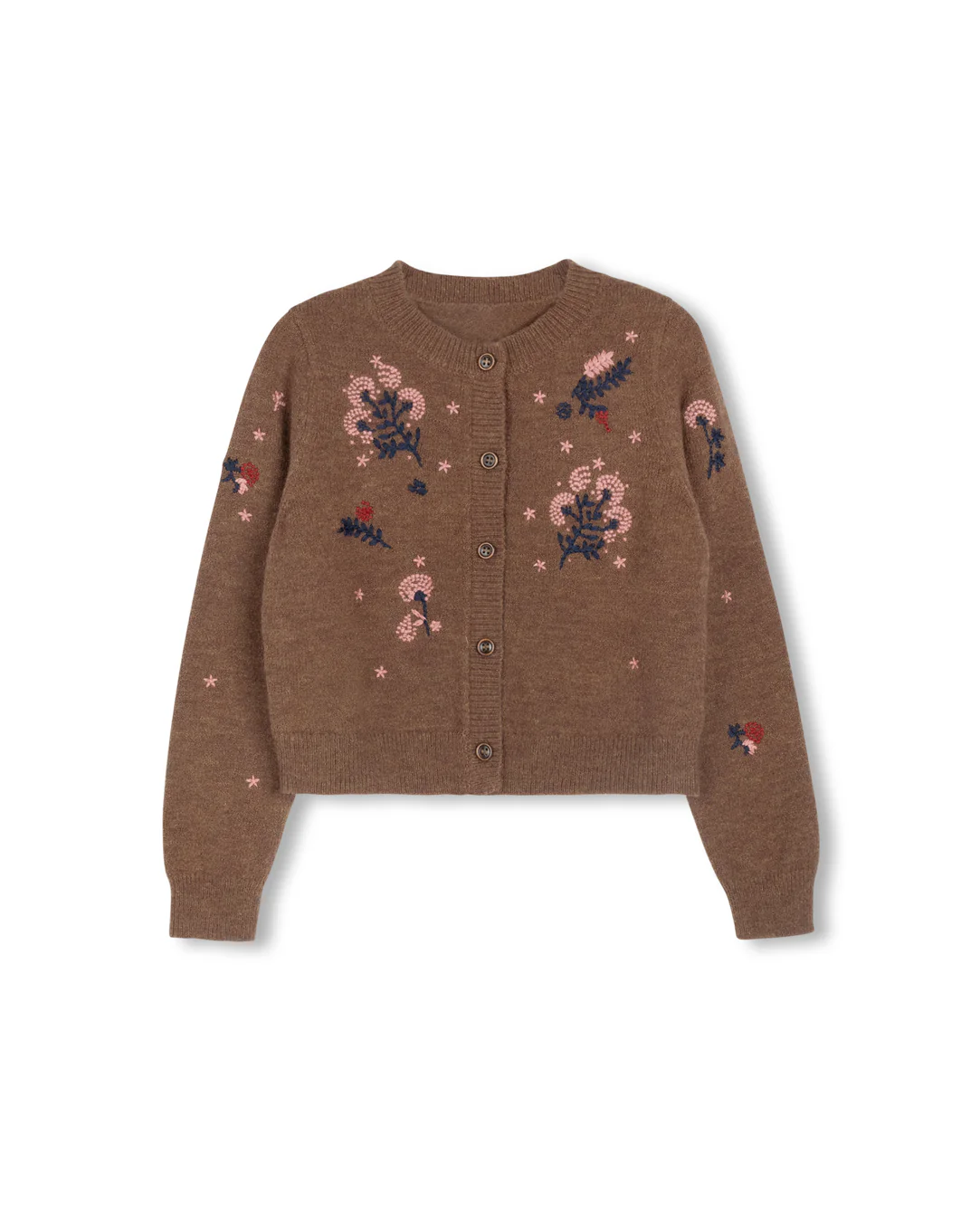 ONE CHILD BROWN FLOWER EMBROIDERED KNIT CARDIGAN [FINAL SALE]