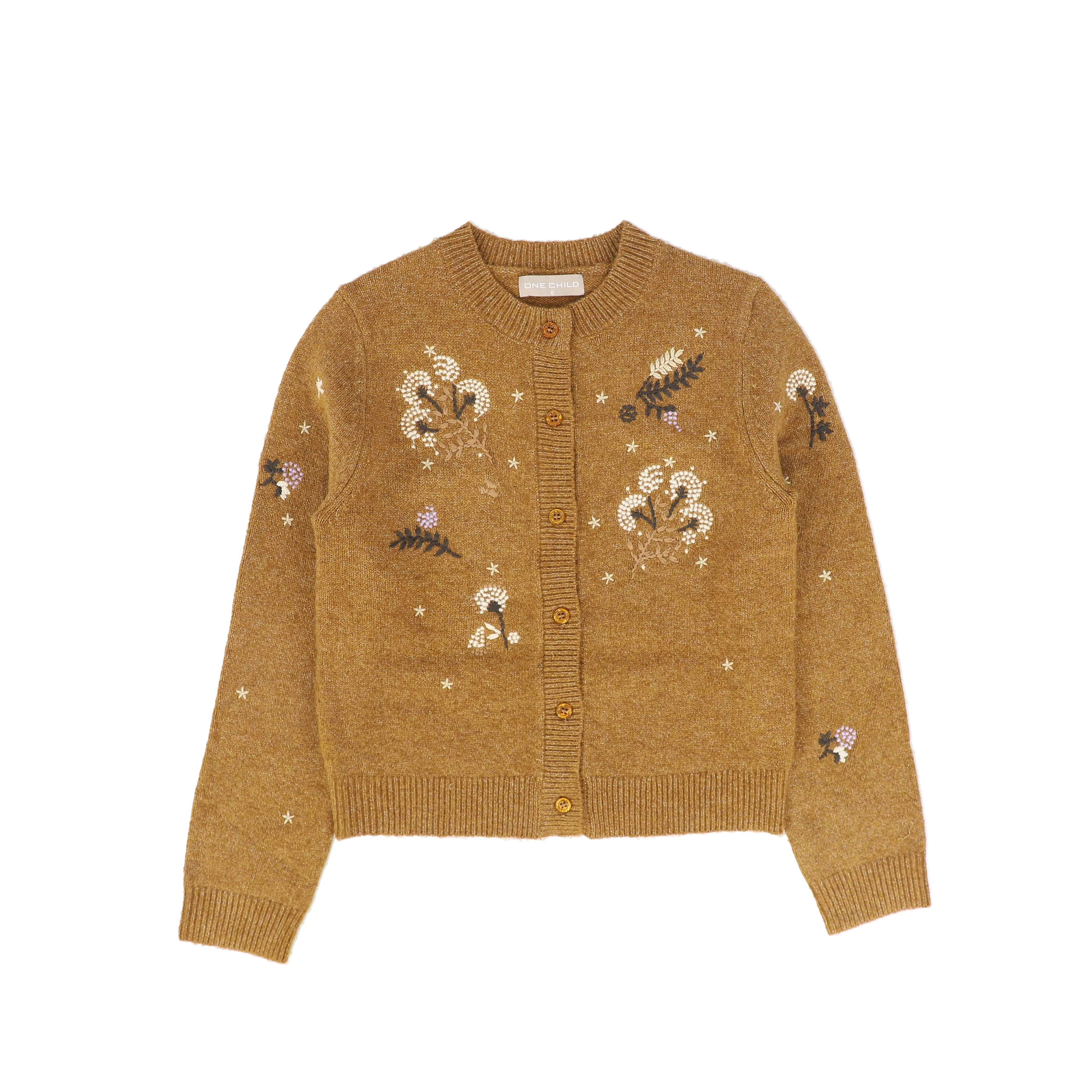 ONE CHILD CAMEL FLOWER EMBROIDERED KNIT CARDIGAN [FINAL SALE]