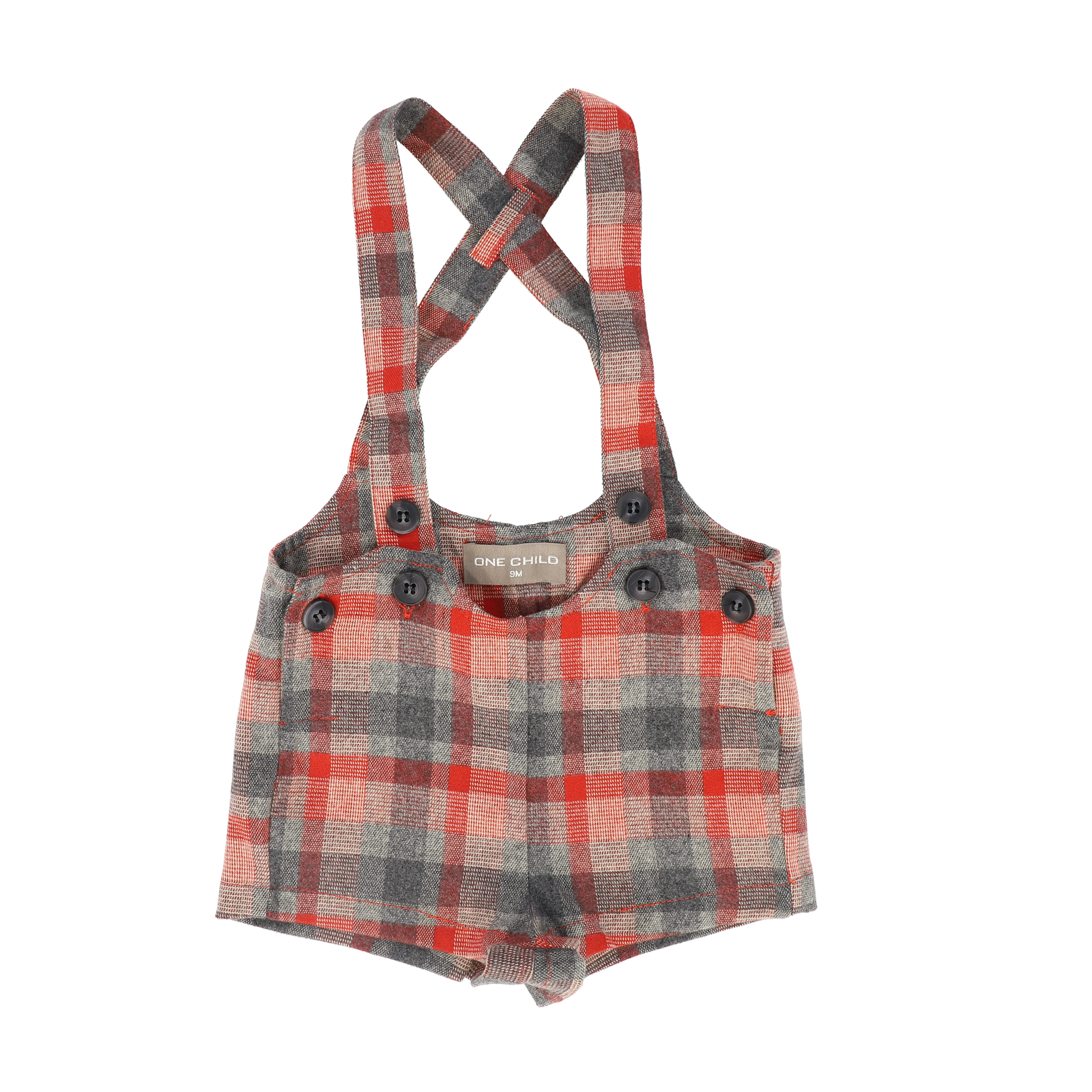 ONE CHILD GREY PLAID BUTTON SUSPENDER SHORTS [FINAL SALE]