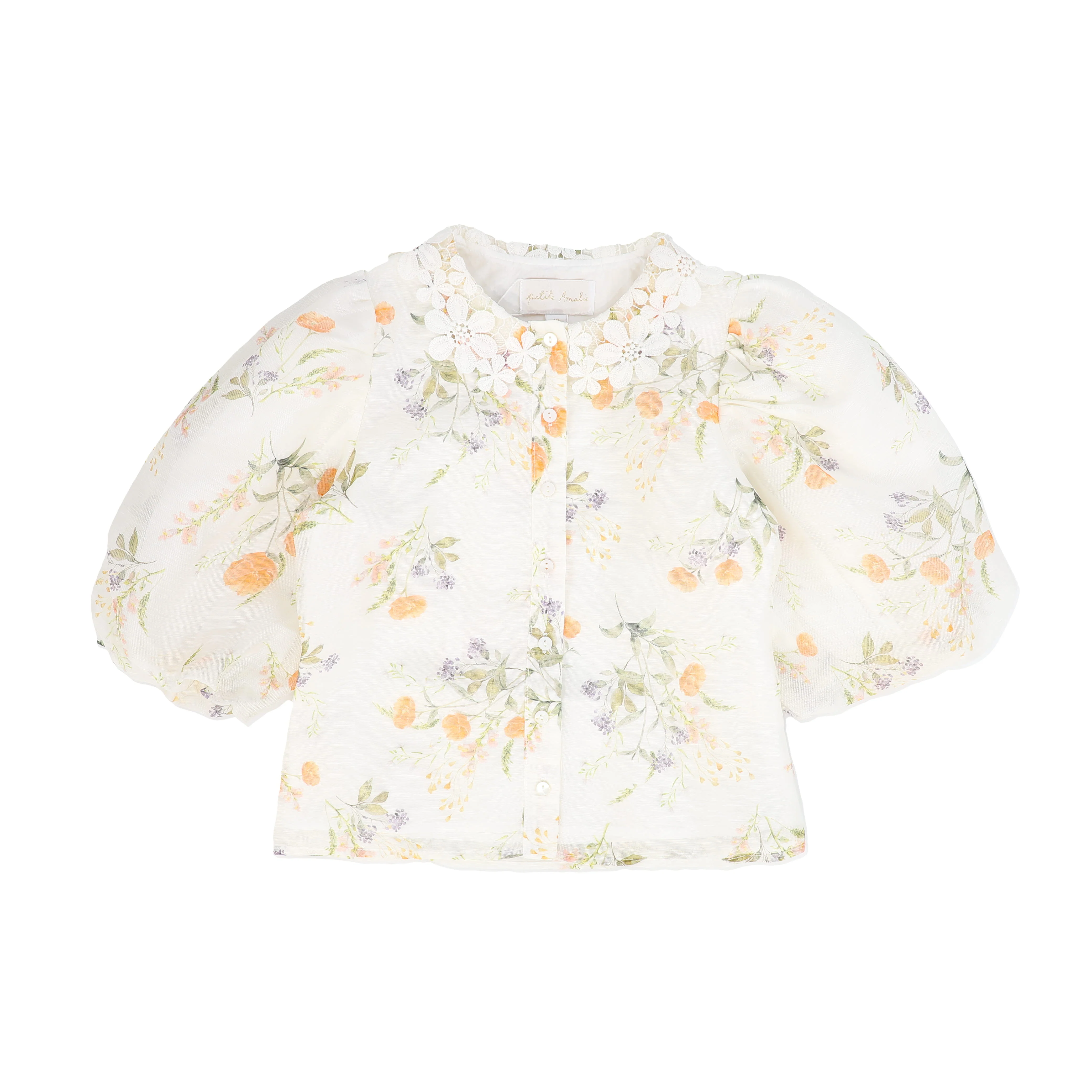 PETITE AMALIE WHITE FLORAL PUFF SLEEVE BLOUSE [FINAL SALE]