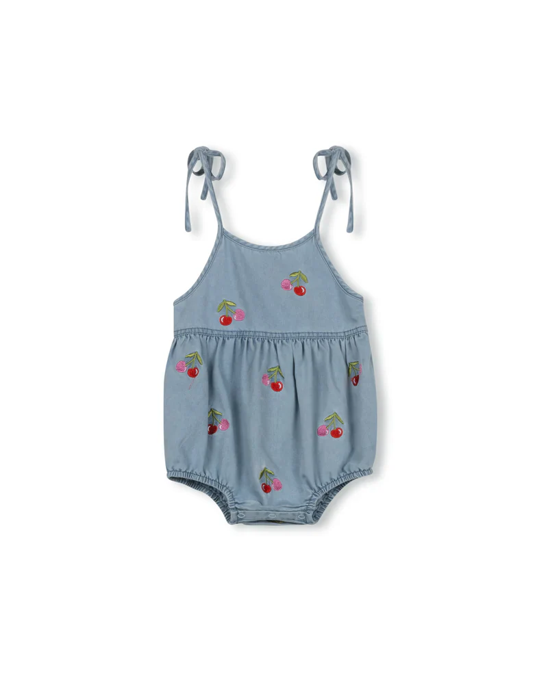 PHIL AND PHOEBE DENIM COLORED CHERRY PRINT ROMPER