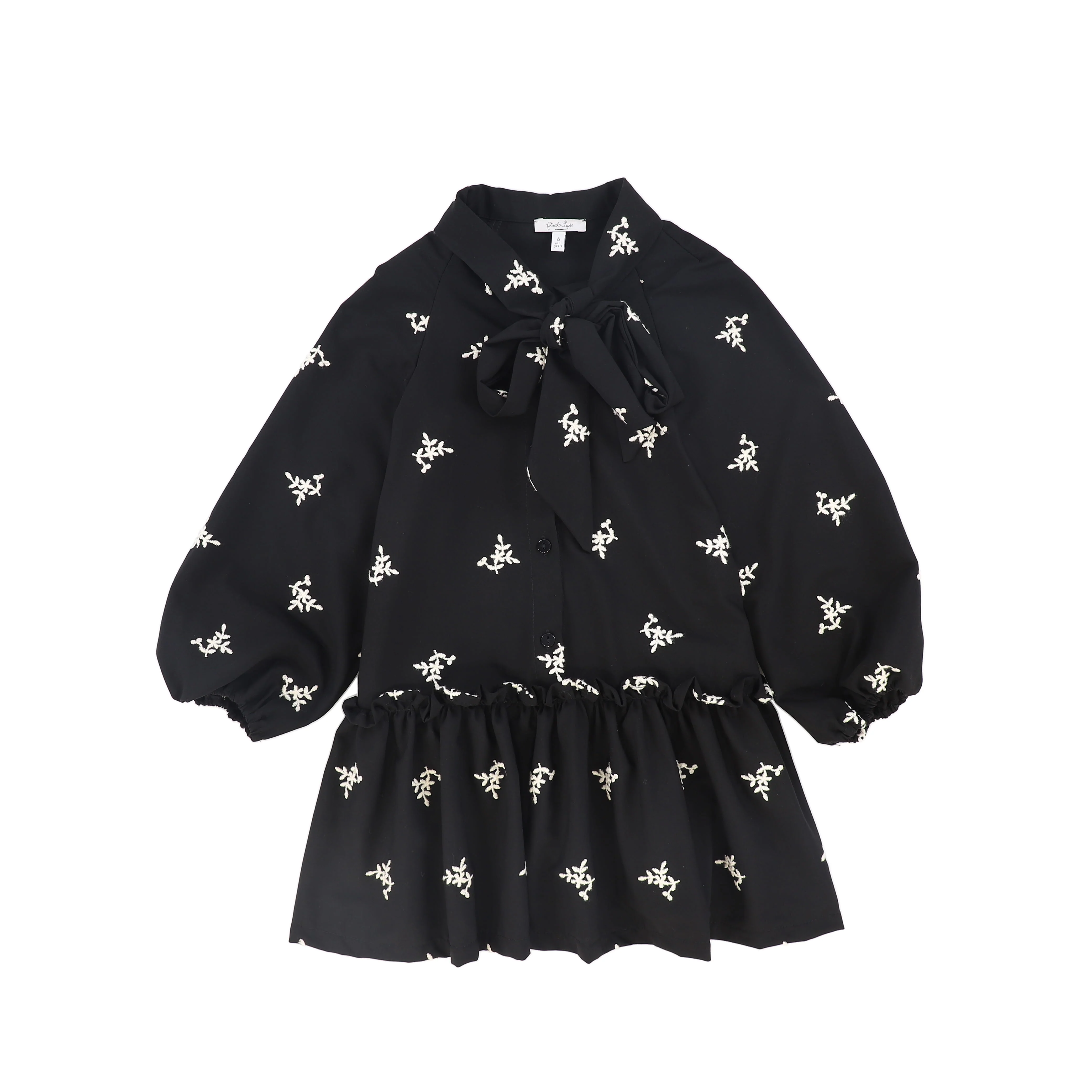 PICCOLA LUDO BLACK EMBROIDERED FLORAL TIE DRESS [FINAL SALE]