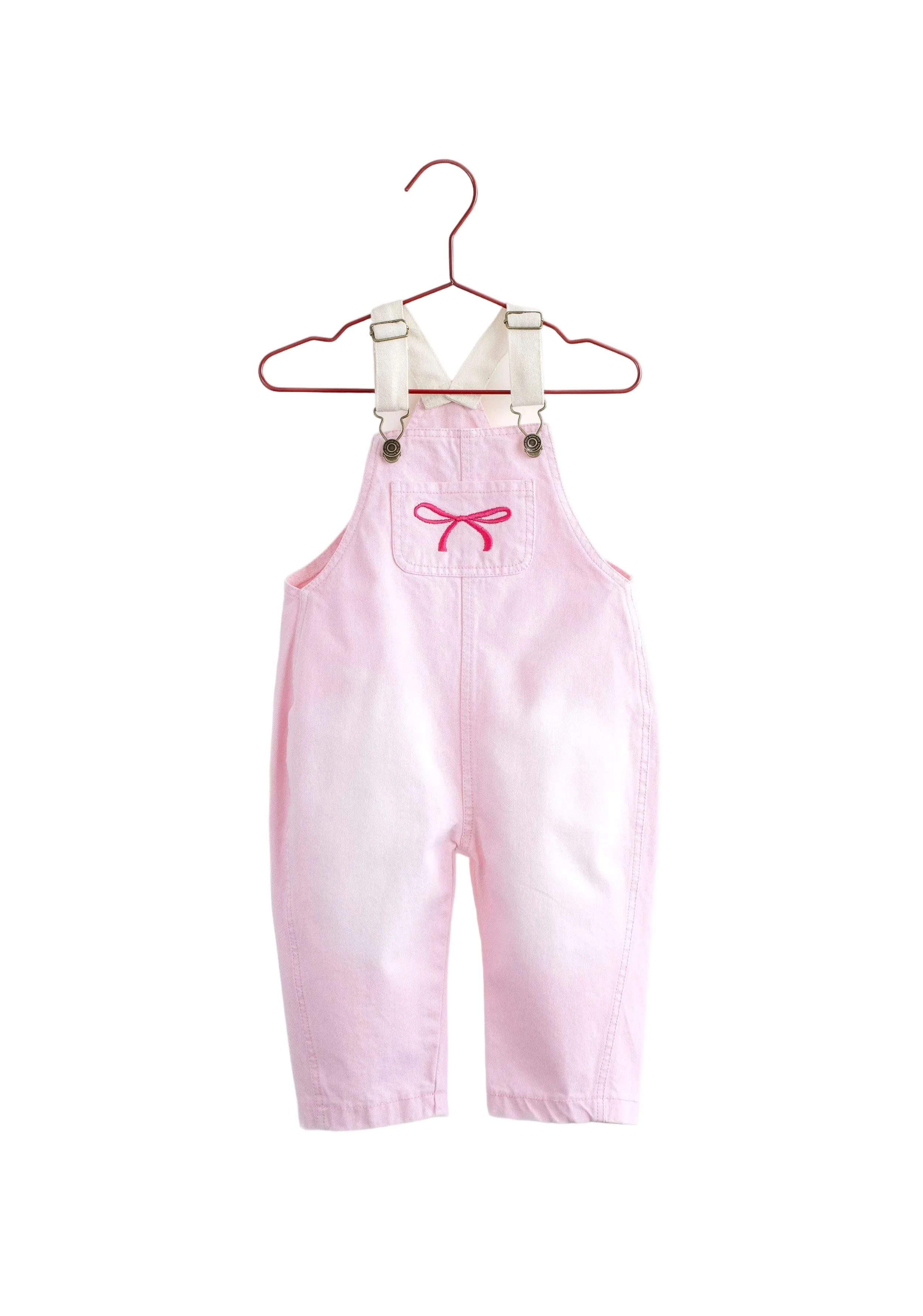PLEASE MOM PINK DENIM BOW BARREL OVERALLS