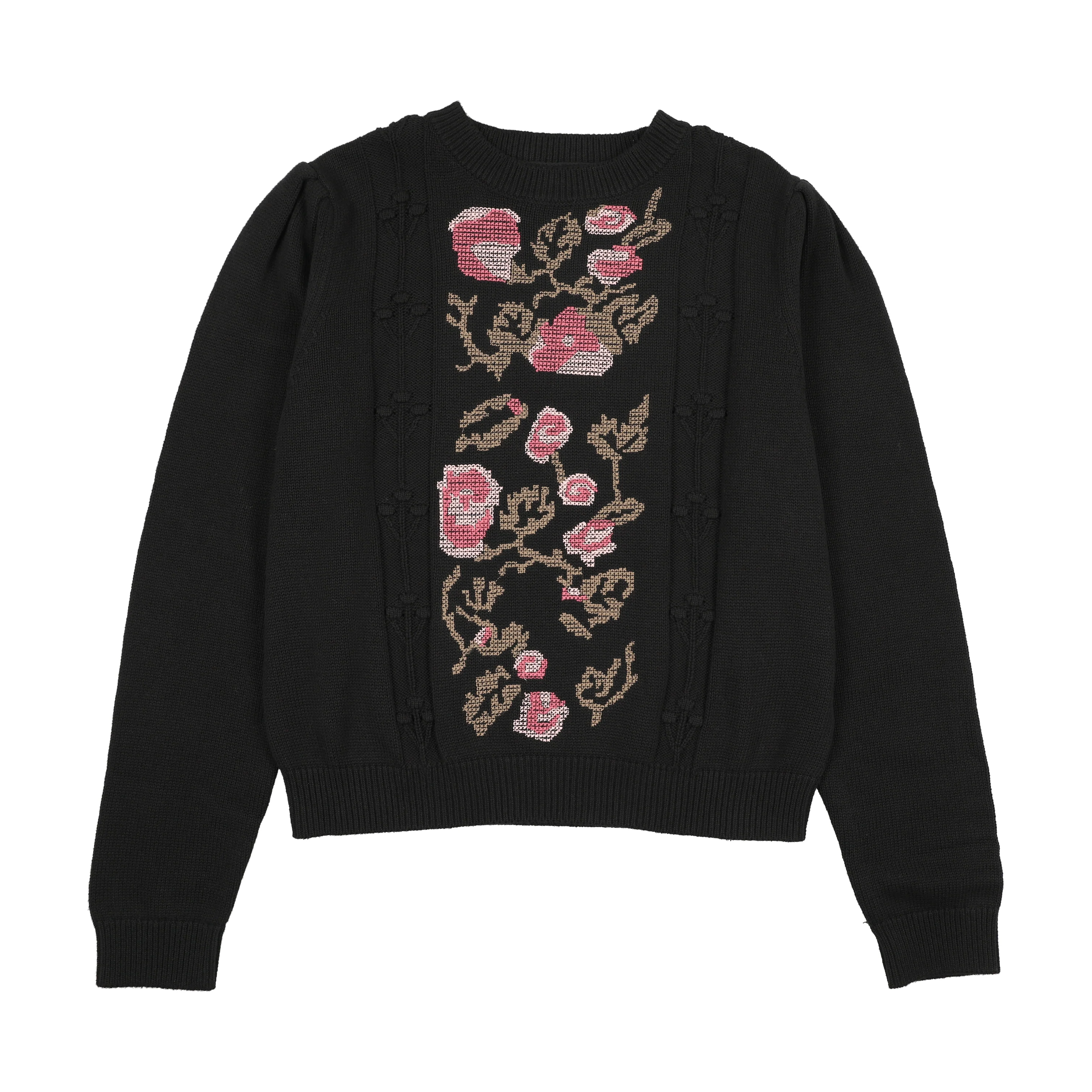 PRAIRIE BLACK EMBROIDERED FLORAL PATCH SWEATER [FINAL SALE]