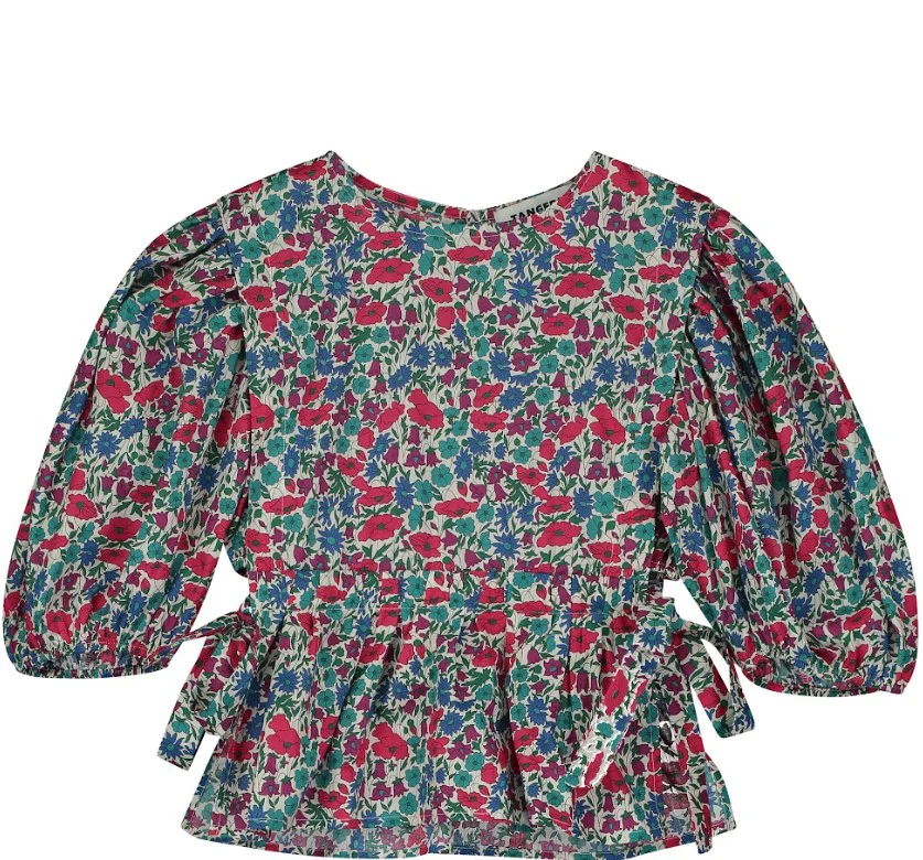 TANGERINE RED/BLUE FLORAL PUFF SLEEVE BLOUSE