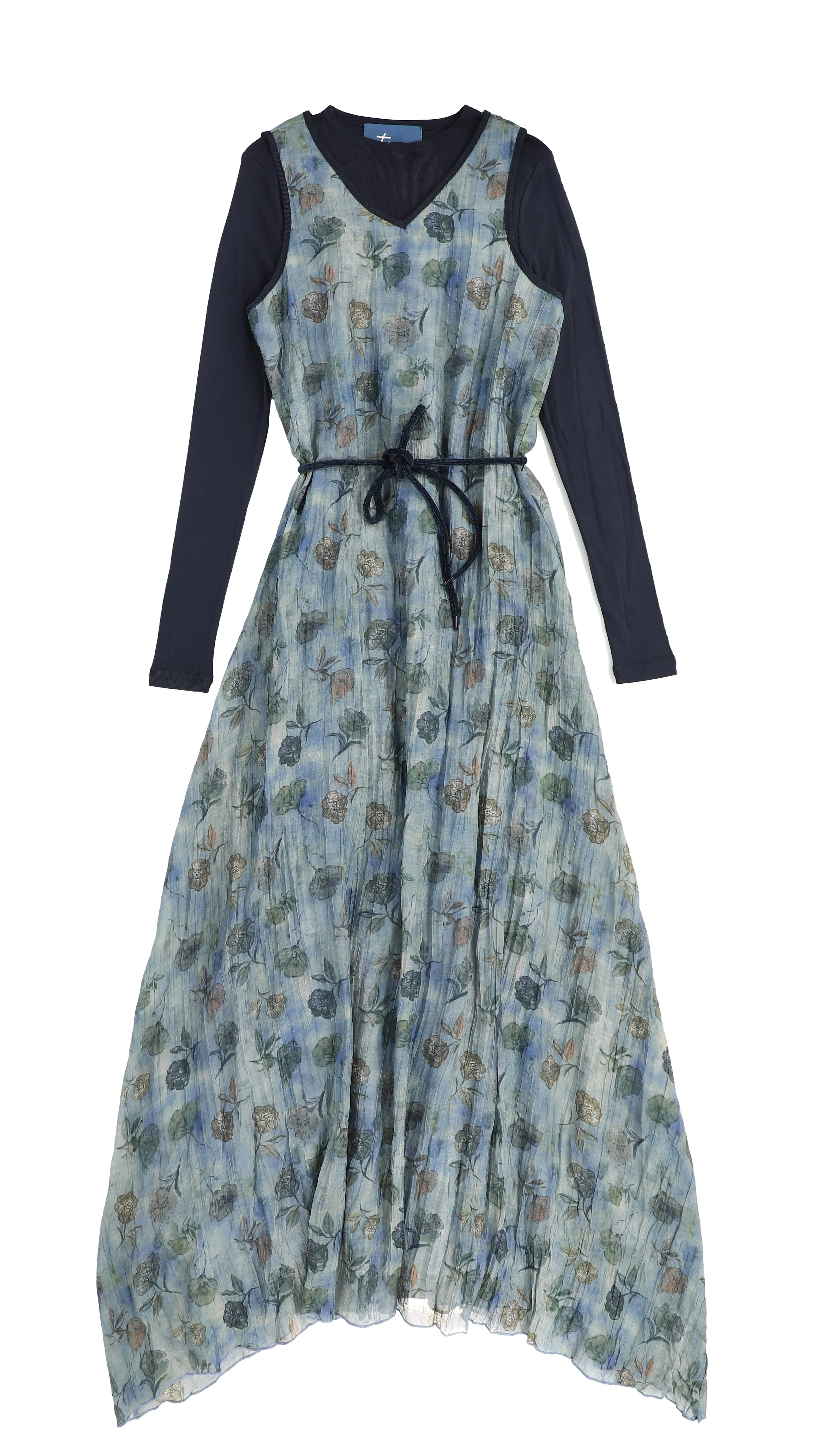 TEA BLUE VELVET PIPED CRINKLE DRESS SET [FINAL SALE]
