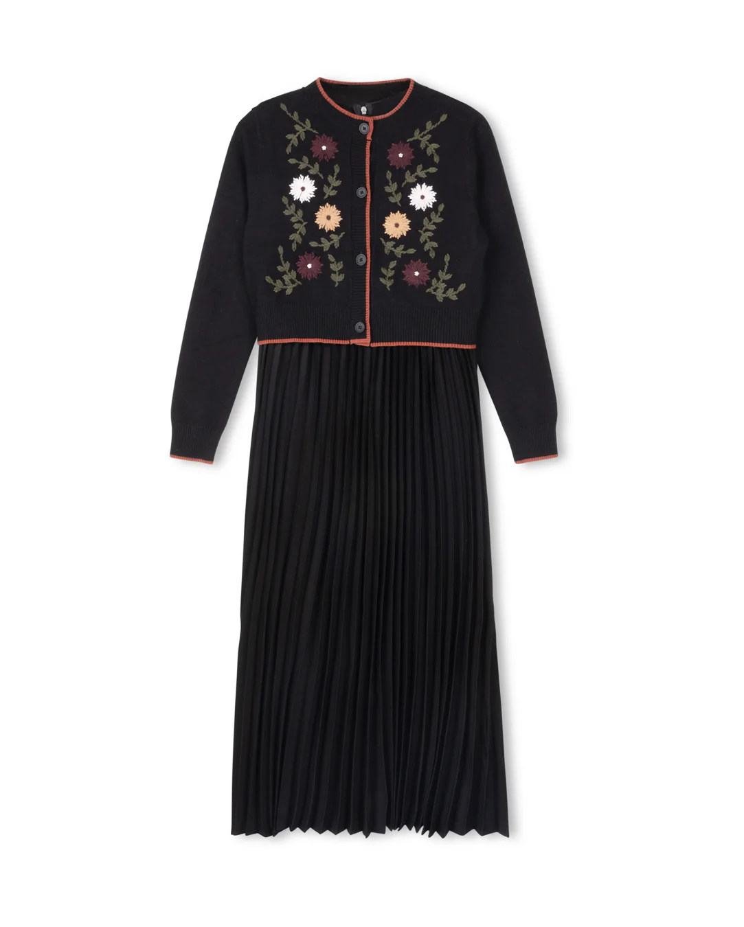 TUSTELLO BLACK EMBROIDERED FLOWER CARDIGAN SLIP DRESS SET [FINAL SALE]