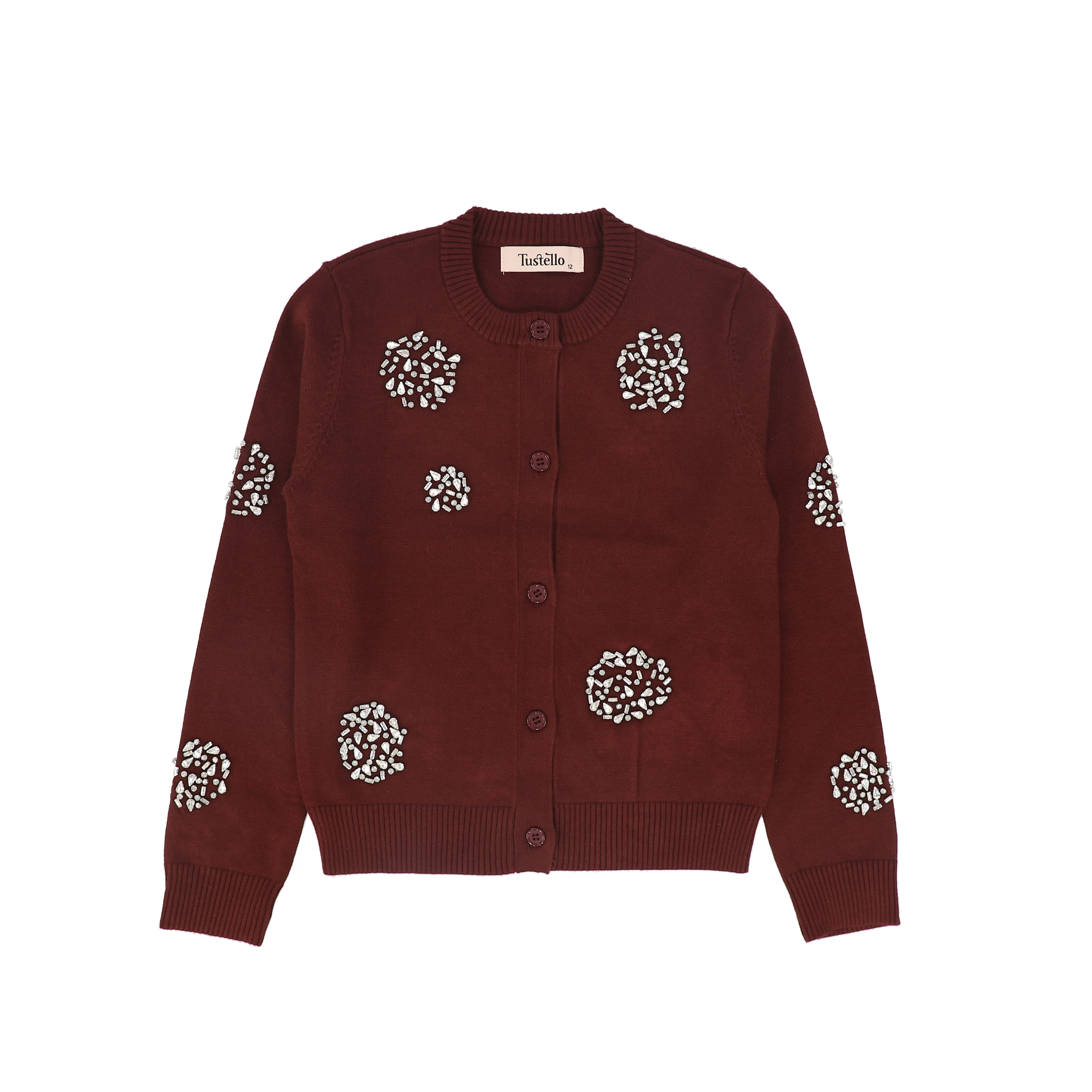TUSTELLO BURGUNDY SCATTERED RHINESTONE CARDIGAN [FINAL SALE]
