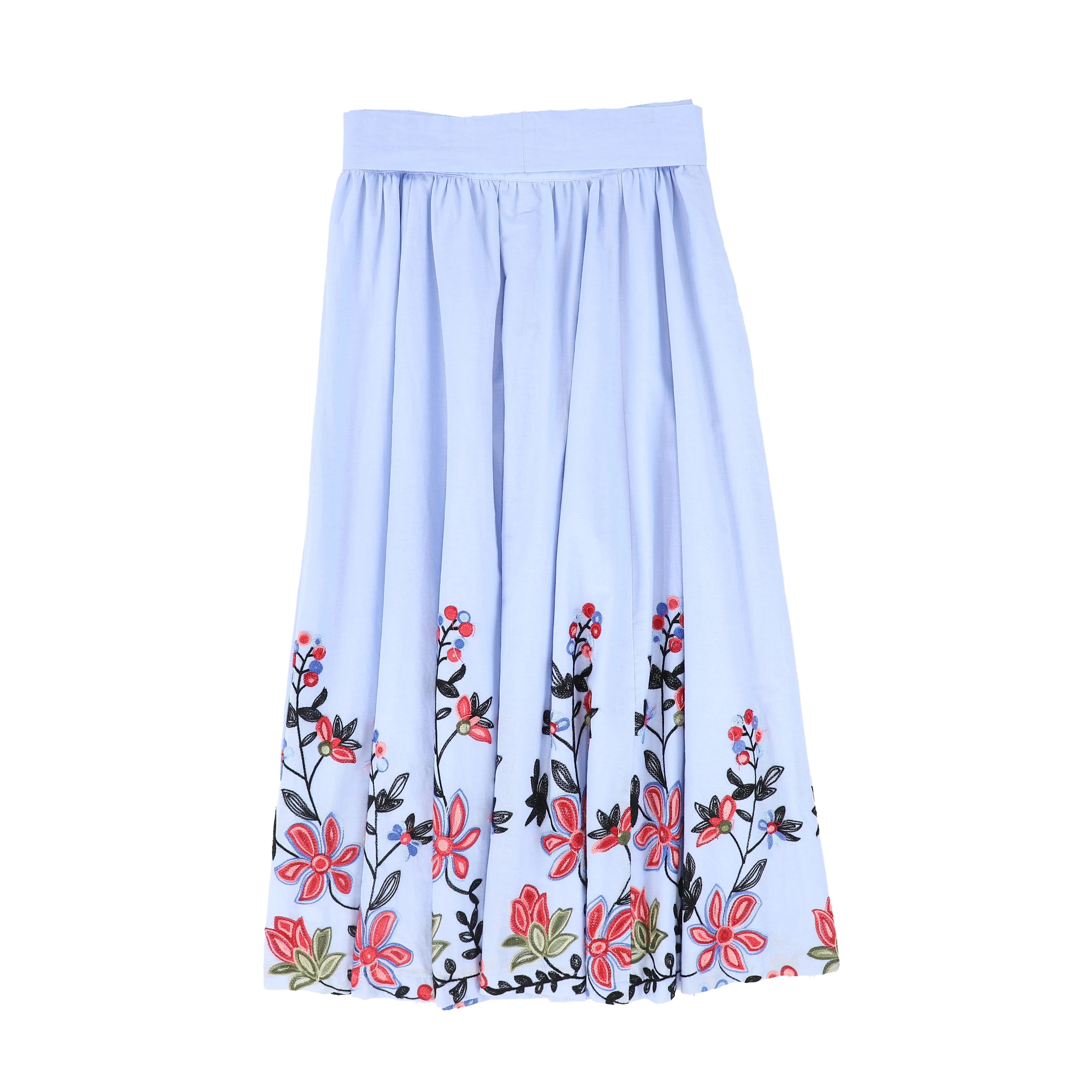 VALENTINA BLUE LINEN EMBROIDERED FLOWER HEM SKIRT - Image 2