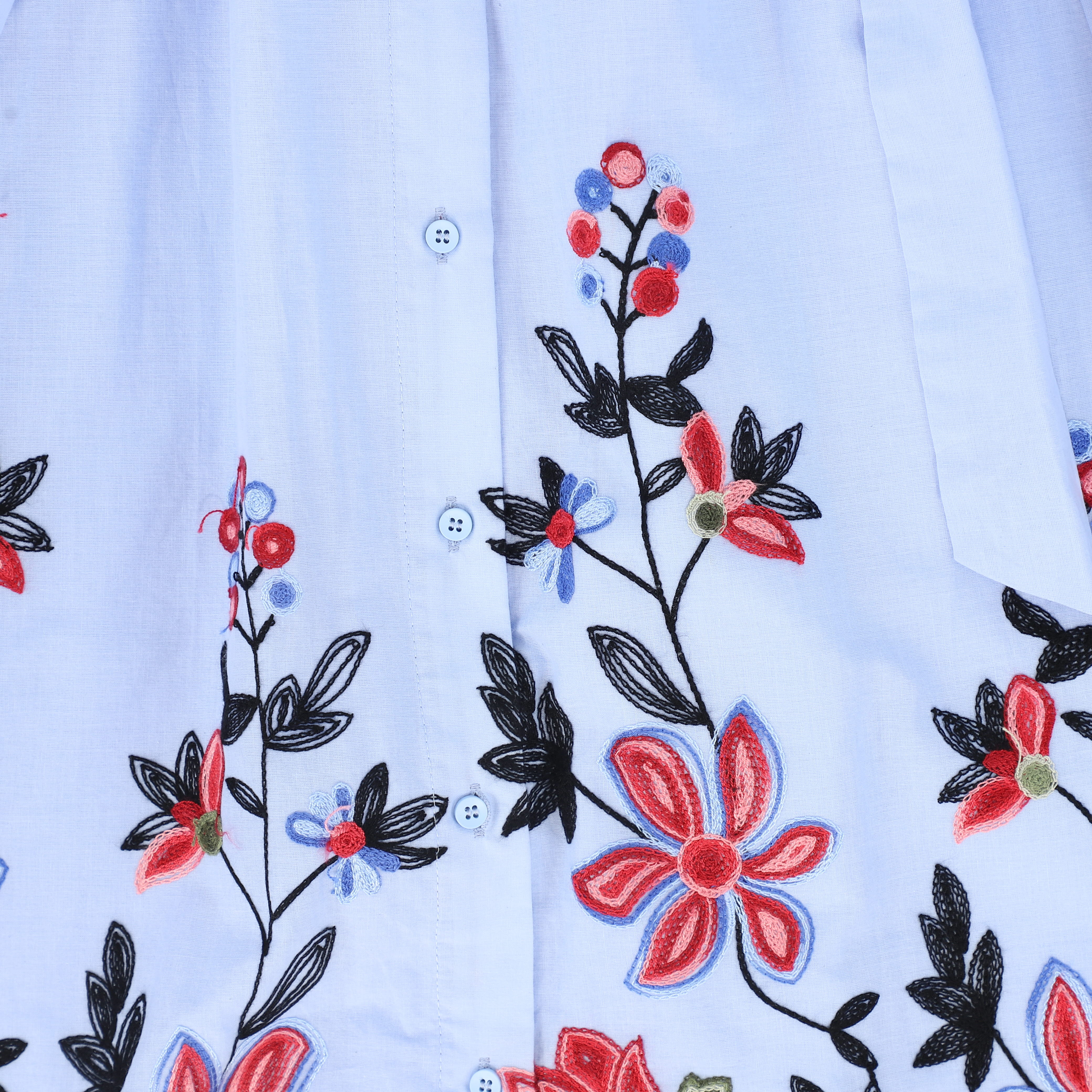 VALENTINA BLUE LINEN EMBROIDERED FLOWER HEM SKIRT - Image 3