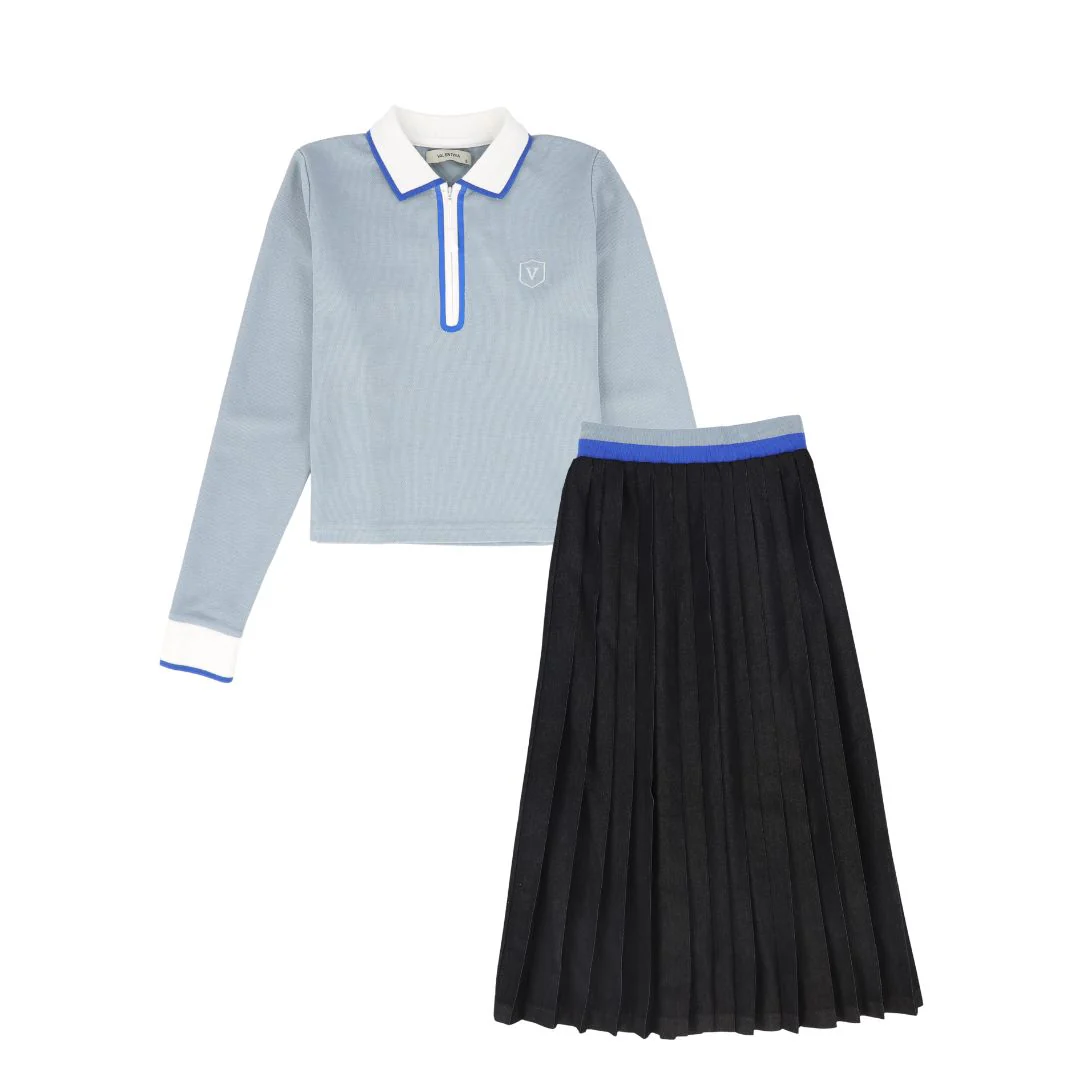 VALENTINA BLUE ZIPPER PIQUE POLO SET