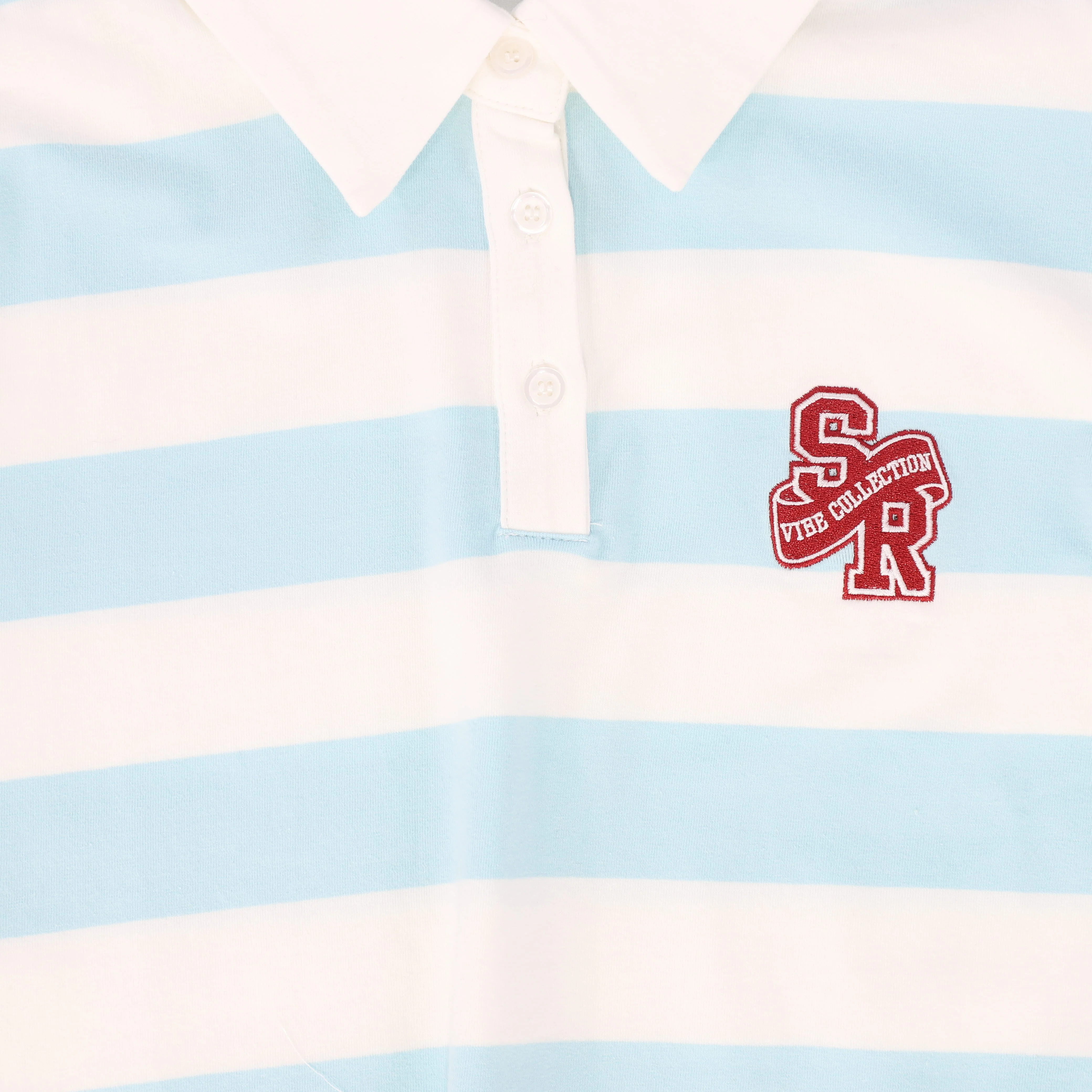 VIBE LIGHT BLUE CROP STRIPED OFF SHOULDER T-SHIRT - Image 2