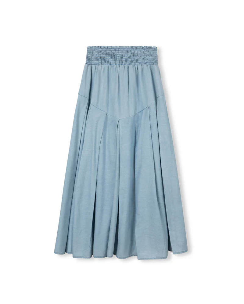 VIBE LIGHT BLUE DENIM CHAMBRAY V SEAM PLEAT SKIRT