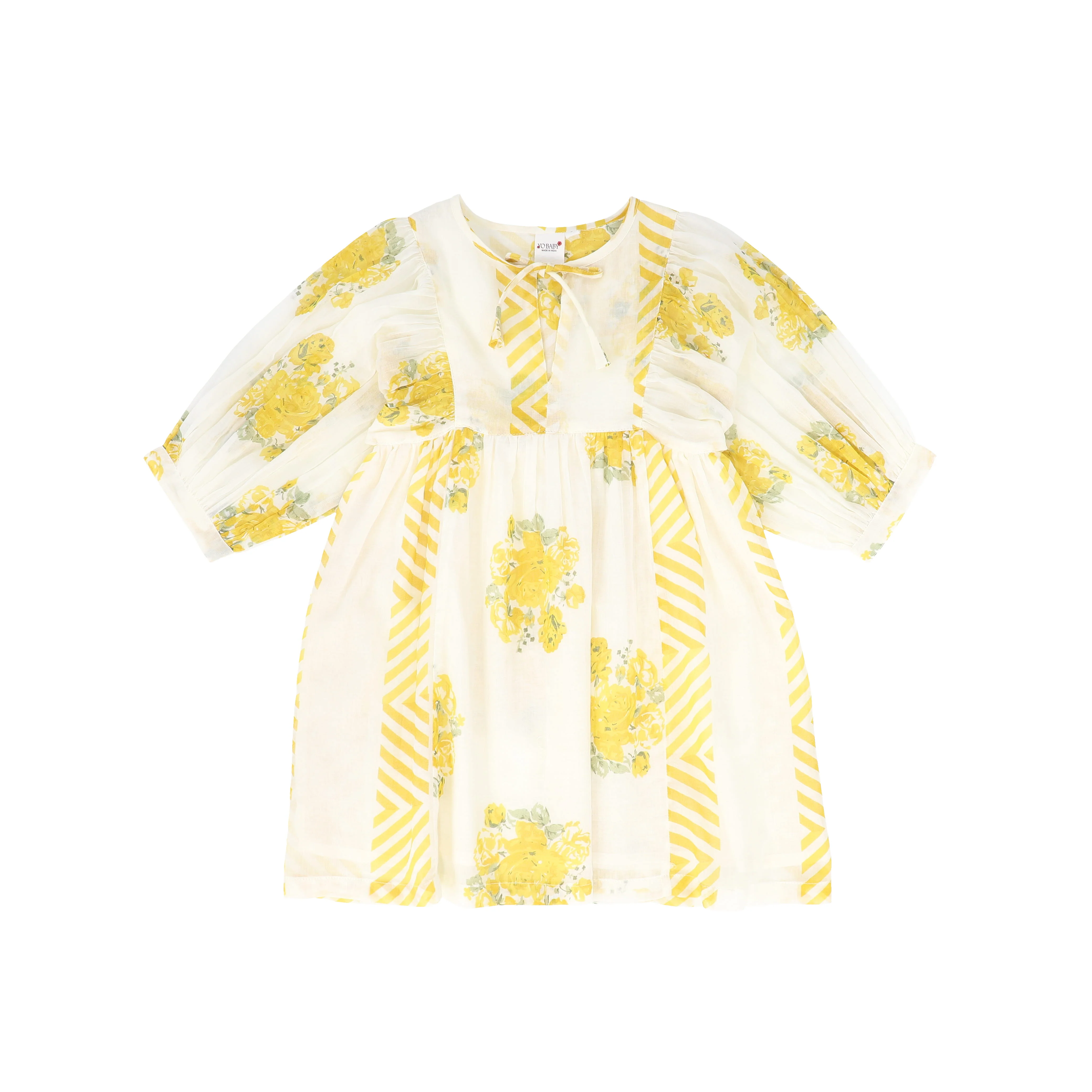 YO BABY WHITE/YELLOW ROSE BUNCH PUFF SLEEVE DRESS
